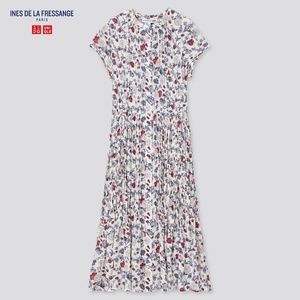 NWT Ines De La Fressange Floral Print Chiffon Pleated  Dress M (Uniqlo)